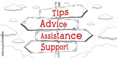 Tips, advice, assistance, support - outline signpost with four arrows