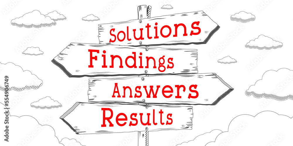Solutions, findings, answers, results - outline signpost with four arrows