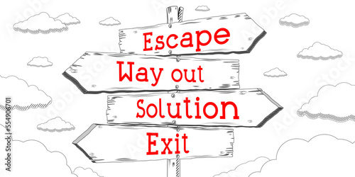 Escape, way out, solution, exit - outline signpost with four arrows
