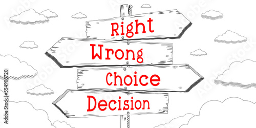 Right, wrong, choice, decision - outline signpost with four arrows