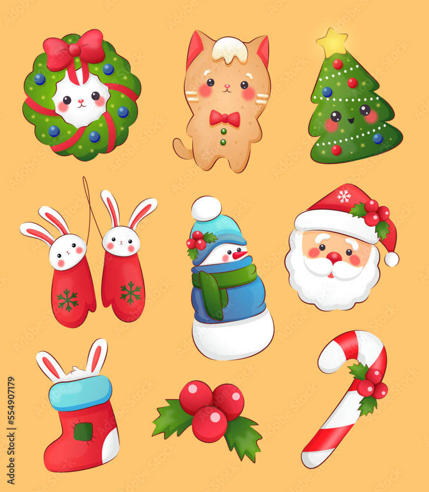 Christmas and New Year holiday collection. Christmas stickers with funny Christmas symbols characters on a yellow background. Merry Christmas and Happy New Year!