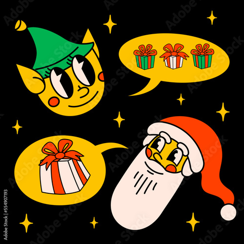 Merry Christmas and Happy New year retro cartoon characters. Groovy hippie Christmas card with Santa Claus and Elf. Vector Cartoon characters and elements.