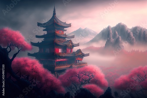 Chinese temple on a foggy mountain with pink Sakura trees, generative ai photo
