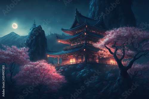 Beautiful Chinese temple on a mountain with Sakura trees at night, bright moon in the sky, generative ai