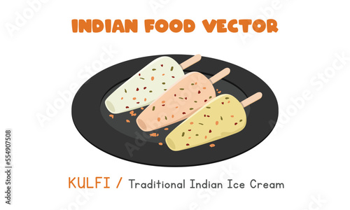 Indian Kulfi - Traditional Indian Ice Cream, frozen dairy dessert flat vector illustration clipart cartoon style, isolated on white background. Asian food. Indian cuisine. Indian food