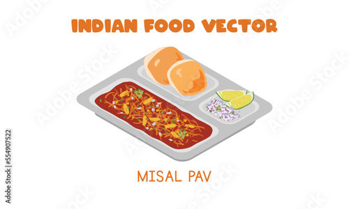 Indian Misal Pav spicy curry topped with farsan, onion, lemon, and coriander flat vector illustration isolated on white background, clipart cartoon style. Asian food. Indian cuisine. Indian food
