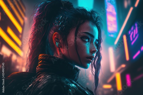 A beautiful girl with dark hair in a futuristic tokyo style city with neon lights at night, generative ai