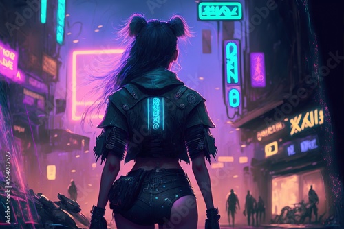 A sexy anime girl with short pants from behind in a colorful neon light cyberpunk city at night, generative ai