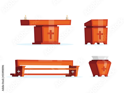 Wooden church furniture set. Altar, pew, lectern and baptismal font