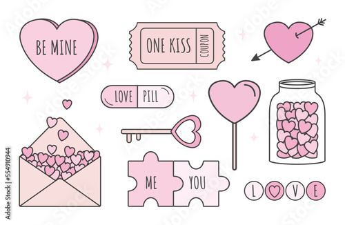 Valentine's Day set of elements, heart shape, key, lolipop, puzzle, pill, jar, coupon, letter, arrow