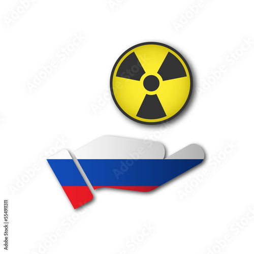 A hand painted in the colors of the flag of the Russian Federation with a radioactive symbol. The concept of the danger of nuclear war. Flat vector illustration.
