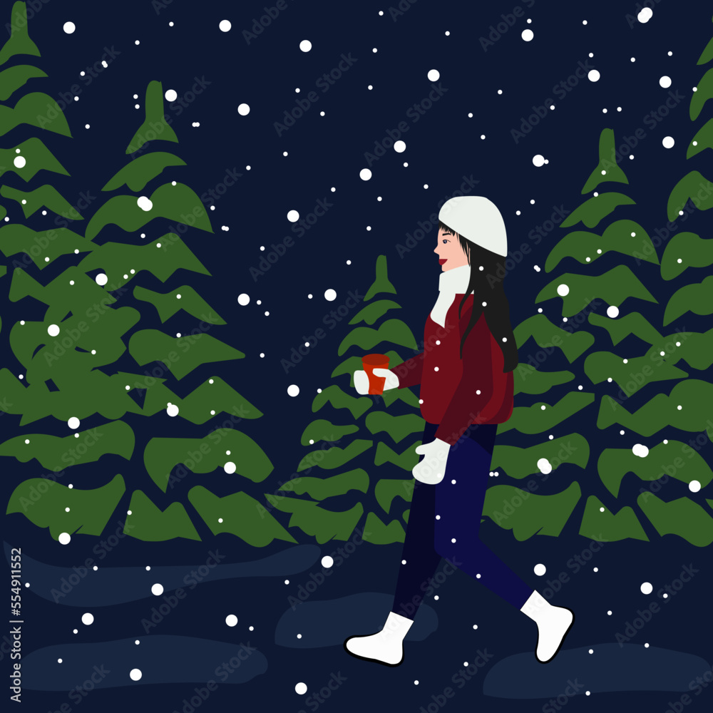 Vector flat illustration of a beautiful young girl in comfortable winter clothes walks in the night snow-covered park between the Christmas trees and drinks fragrant coffee