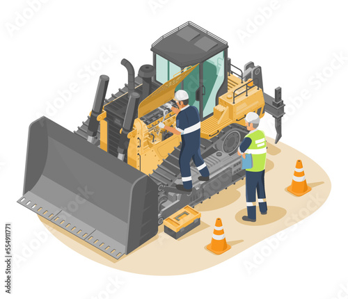 Heavy Equipment Maintenance engineering Construction vehicle work tractor excavato yellow Bulldozer quarry machine work tractor excavato machinery isometric