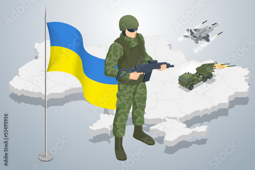 Isometric Ukrainian soldier on the background of the map of Ukraine and the national frag. Special Forces Soldier Police, Swat Team Member. Army, military and people concept