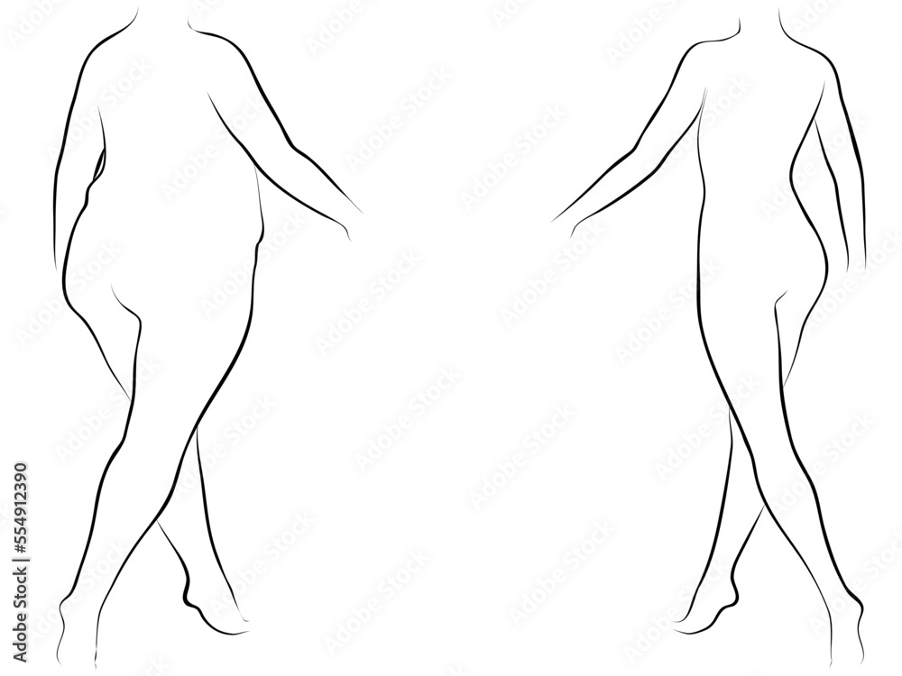 Fototapeta premium Vector conceptual fat overweight obese female vs slim fit healthy body after weight loss or diet with muscles thin young woman isolated. Fitness, nutrition or fatness obesity, health silhouette shape