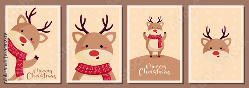 Set of Merry Christmas and happy new year greeting card with cute Deer. Holiday cartoon character in winter season. Vector Illustration