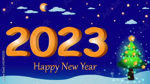 New Year's Day Background 2023. Winter moonlit night with a Christmas tree, garlands and snowflakes. Text: Happy New Year 2023.