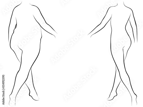 Vector conceptual fat overweight obese female vs slim fit healthy body after weight loss or diet with muscles thin young woman isolated. Fitness, nutrition or fatness obesity, health silhouette shape