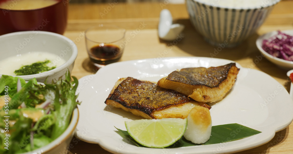 Mackerel fish fillet marinated in miso and grilled, Japanese cuisine Mackerel fish fillet marinated in miso and grilled, Japanese cuisine