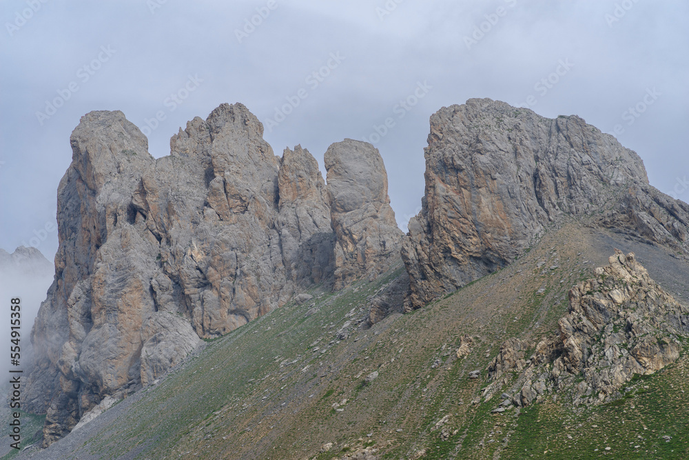 Rocky mountain peaks in Maira Valley mountains, Italian Cottian Alps