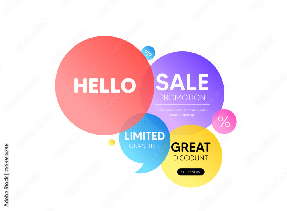 Discount offer bubble banner. Hello welcome tag. Hi invitation offer. Formal greetings message. Promo coupon banner. Hello round tag. Quote shape element. Vector
