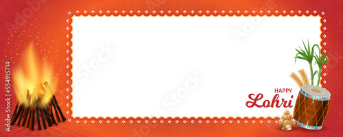 Traditional Happy Lohri Horizontal background design. Dhol, Bamboo, harvest and ladoo. Realistic frame template Punjabi festival vector illustration. Text message Website header, invitation, promotion