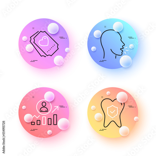 Love ticket, Career ladder and Cough minimal line icons. 3d spheres or balls buttons. Dental insurance icons. For web, application, printing. Heart, Manager results, Coronavirus symptom. Vector