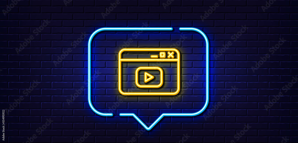 Neon light speech bubble. Browser Window line icon. Video content sign. Internet page symbol. Neon light background. Video content glow line. Brick wall banner. Vector