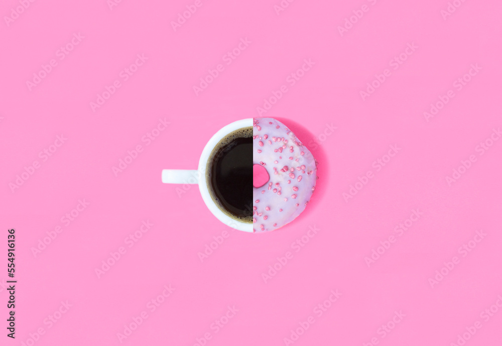 Collage of donut with pink glaze and coffee cup on the pink background. Top view. Copy space.