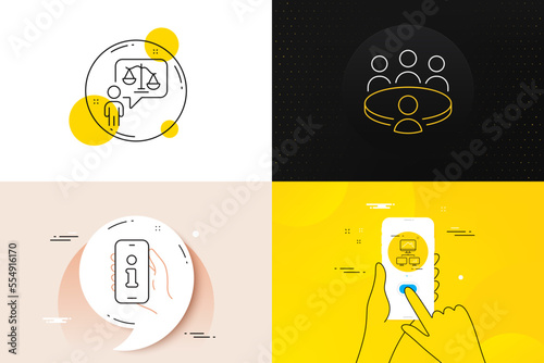 Minimal set of Meeting, Lawyer and Work home line icons. Phone screen, Quote banners. Support icons. For web development. Human resource, Court judge, Freelance work. Phone info. Vector