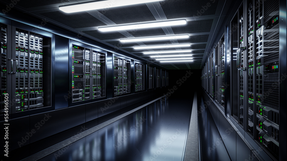 A modern server room supporting AI calculations. 3d illustration