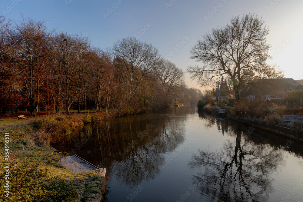 Winter landscape view of white frost in morning, Nature path along the Kromme Rijn river (Crooked Rhine) in Rhijnauwen, Bunnik is a municipality and a village in the province of Utrecht Netherlands.