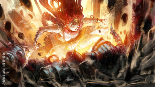 A furious warrior girl with red hair with a club in a frenzy with a deadly jump tramples a huge monster knight in plate armor with horns, stones fly apart from her blast blow. 2d hand drawn anime art photo