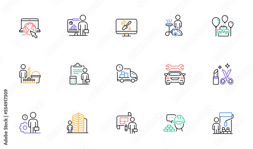 Professional services line icons. Car repair, Home cleaning, Engineering service line icons. Builder and Painter, Wrench tool with hammer, Car service. Birthday party events. Vector