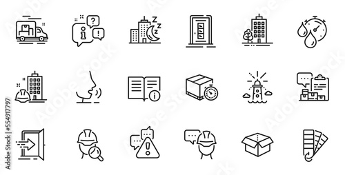 Outline set of Skyscraper buildings, Technical info and Delivery timer line icons for web application. Talk, information, delivery truck outline icon. Include Door, Inspect, Open box icons. Vector