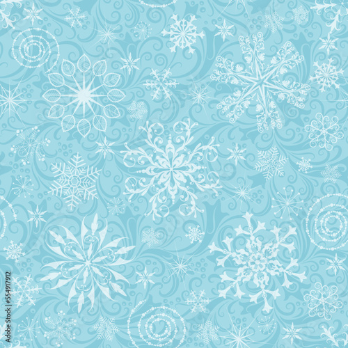 Gentle blue seamless Christmas pattern with white snowflakes and frost curls