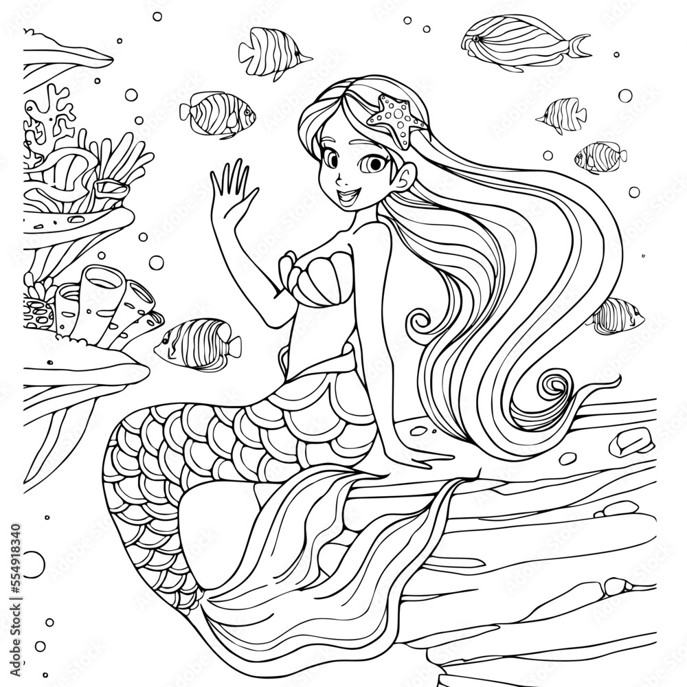 Mermaid coloring book page.vector illustration isolated on white ...