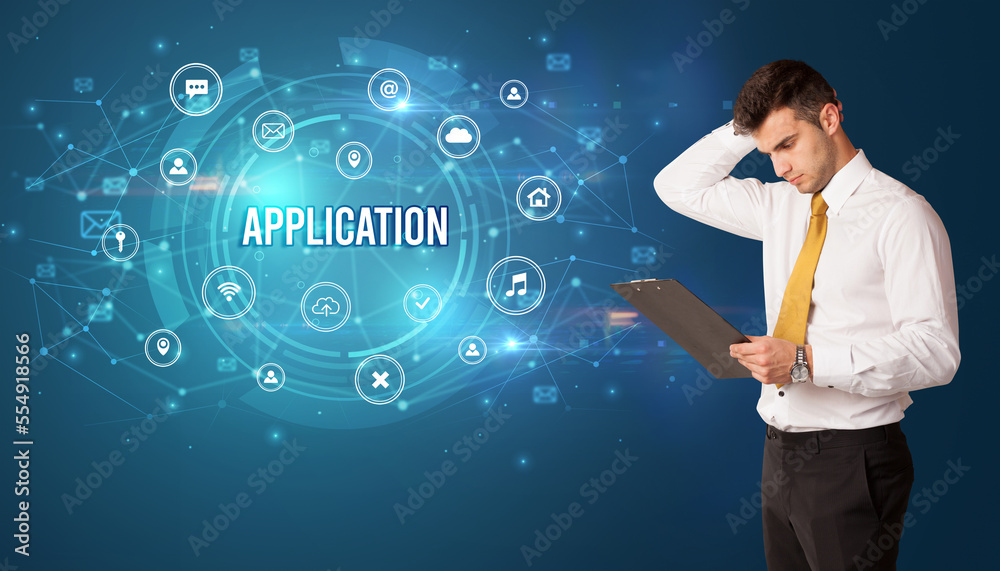 Businessman thinking about modern technology Businessman thinking about modern technology
