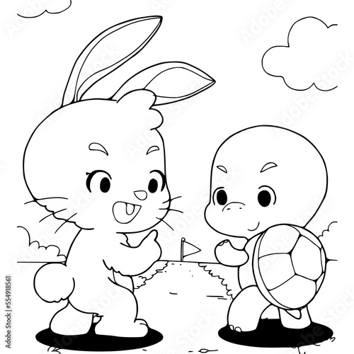 The tortoise and the hare vector illustration cartoon coloring book for kids.Aesop's fables The turtle and the rabbit. photo