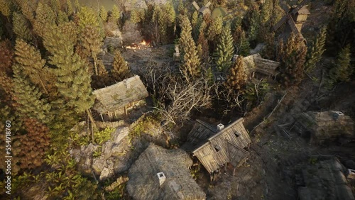 areal zoom into an old ancient fairy well in a medieval village
