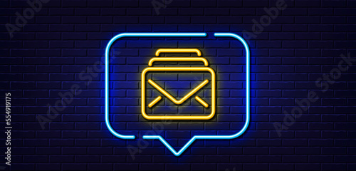 Neon light speech bubble. Mail line icon. New Messages correspondence sign. E-mail symbol. Neon light background. Mail glow line. Brick wall banner. Vector
