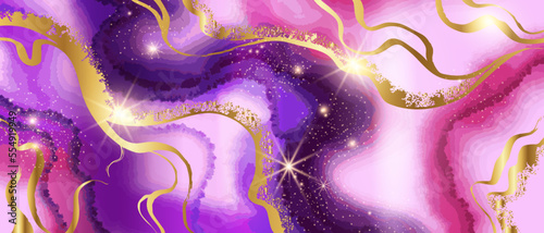 Marble pink background, golden glitter shiny pattern, abstract color wave wedding liquid texture. Purple agate stone wallpaper, wet fluid painting illustration, alcohol inc effect. Pink marble design