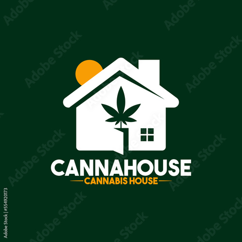 combination vector of cannabis marijuana ganja weed CBD THC 420 hemp pot leaf with house home window door icon symbol character suitable for cannabis house or cannabis shop logo design inspiration