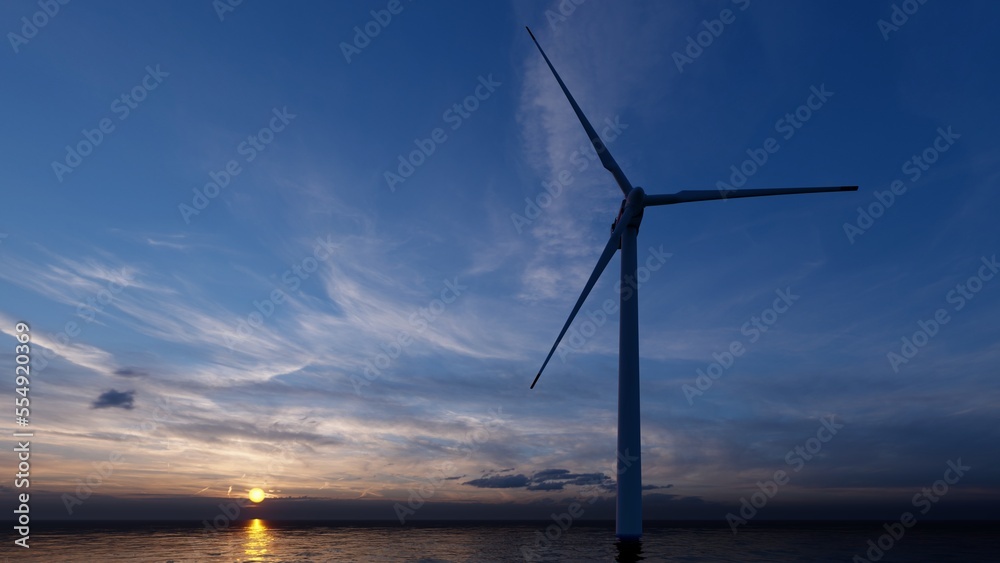 Closeup Wind power station. Wind generators stand in ocean. Wonderful landscape shot from a great height. Modern green energy. Aerial view. 3d rendering.