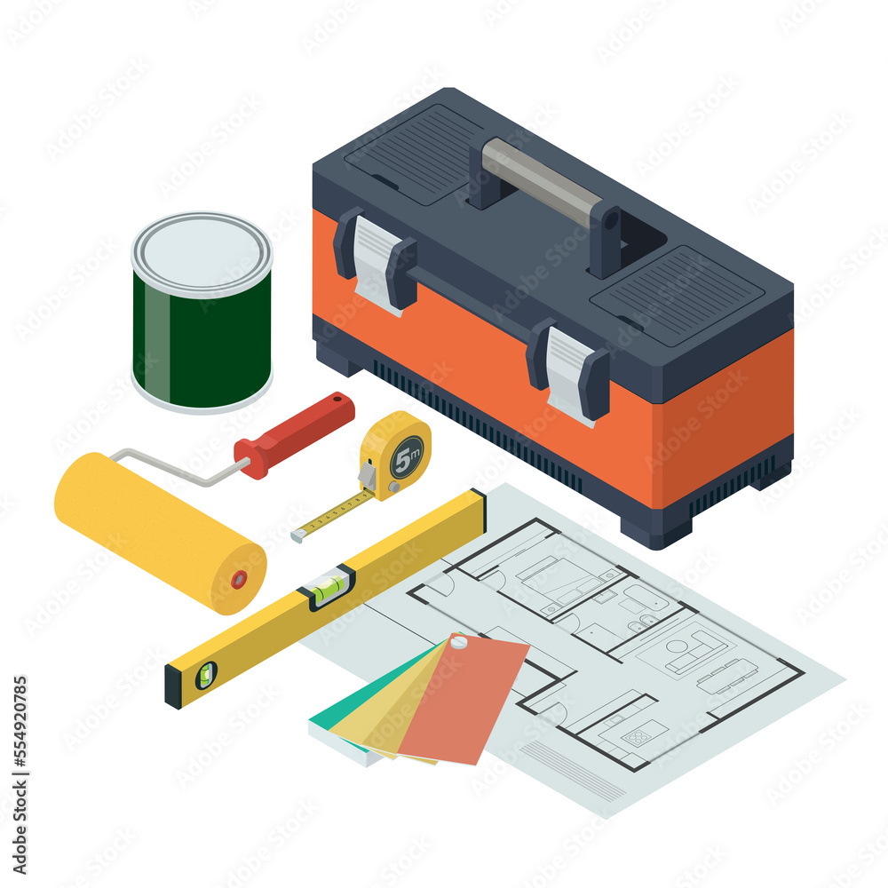 Home renovation and painting isometric tools and house project, white background Home renovation and painting isometric tools and house project, white background