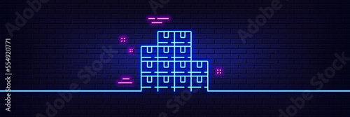 Neon light glow effect. Wholesale inventory line icon. Warehouse boxes sign. Logistic goods symbol. 3d line neon glow icon. Brick wall banner. Wholesale inventory outline. Vector
