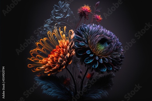  a bunch of flowers that are in the dark room together. Generative AI