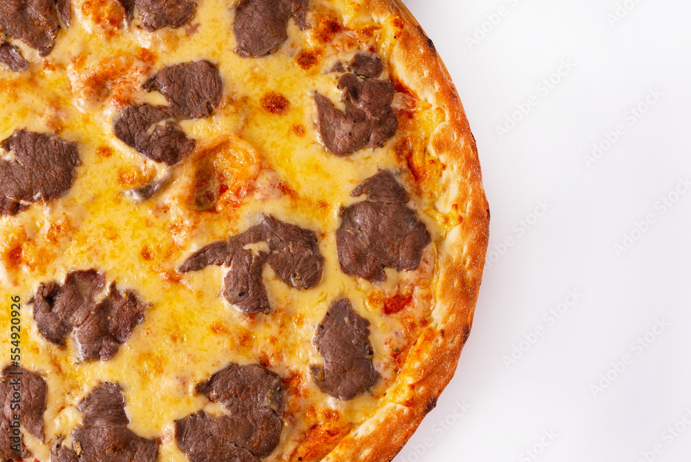 pizza with meat and cheese. on a white background pizza with meat and cheese. on a white background