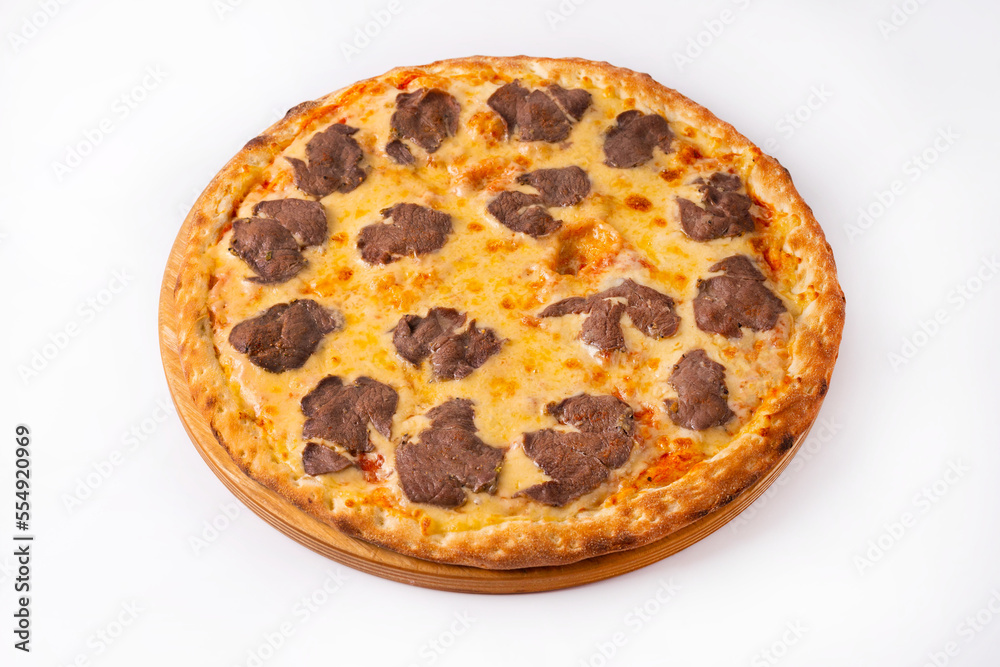 pizza with meat and cheese. on a white background