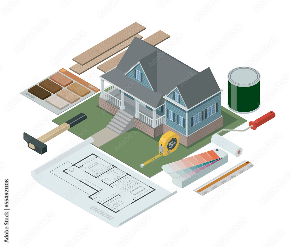 Home makeover and DIY: isometric tools and model house on a desk, 3D illustration Home makeover and DIY: isometric tools and model house on a desk, 3D illustration